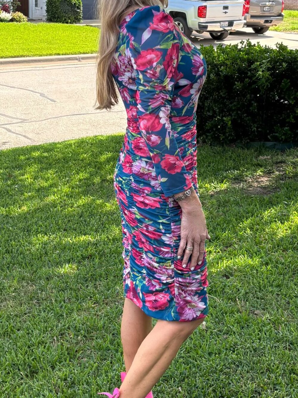 Eliza J. Teal Floral Ruched Dress, Size 10